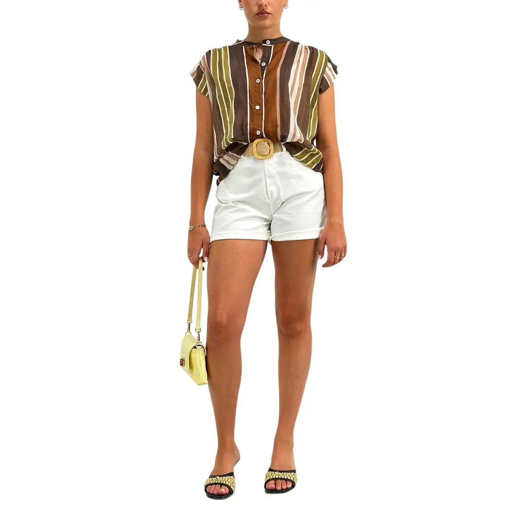 Bassini Blusa Donna Rigata Marrone e Verde con Nodo sul Davanti, Scollo Coreano e Smanicata