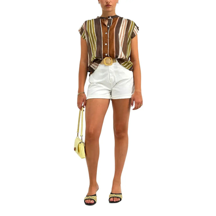 Bassini Blusa Donna Rigata Marrone e Verde con Nodo sul Davanti, Scollo Coreano e Smanicata