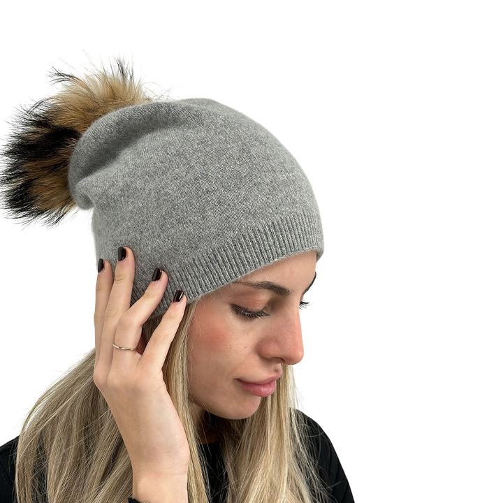 Bassini Cappello Donna, Cuffia, Pompon, Tessuto Misto, Grigio