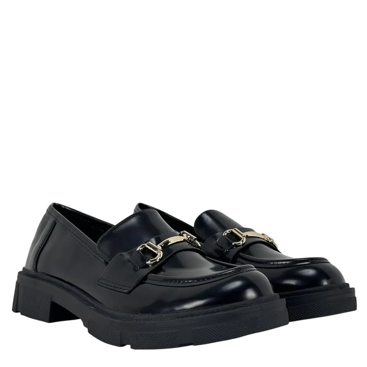 Bassini Mocassini Donna Neri in Ecopelle con Tacco 3,5 cm, Suola Antiscivolo e Accessorio Oro