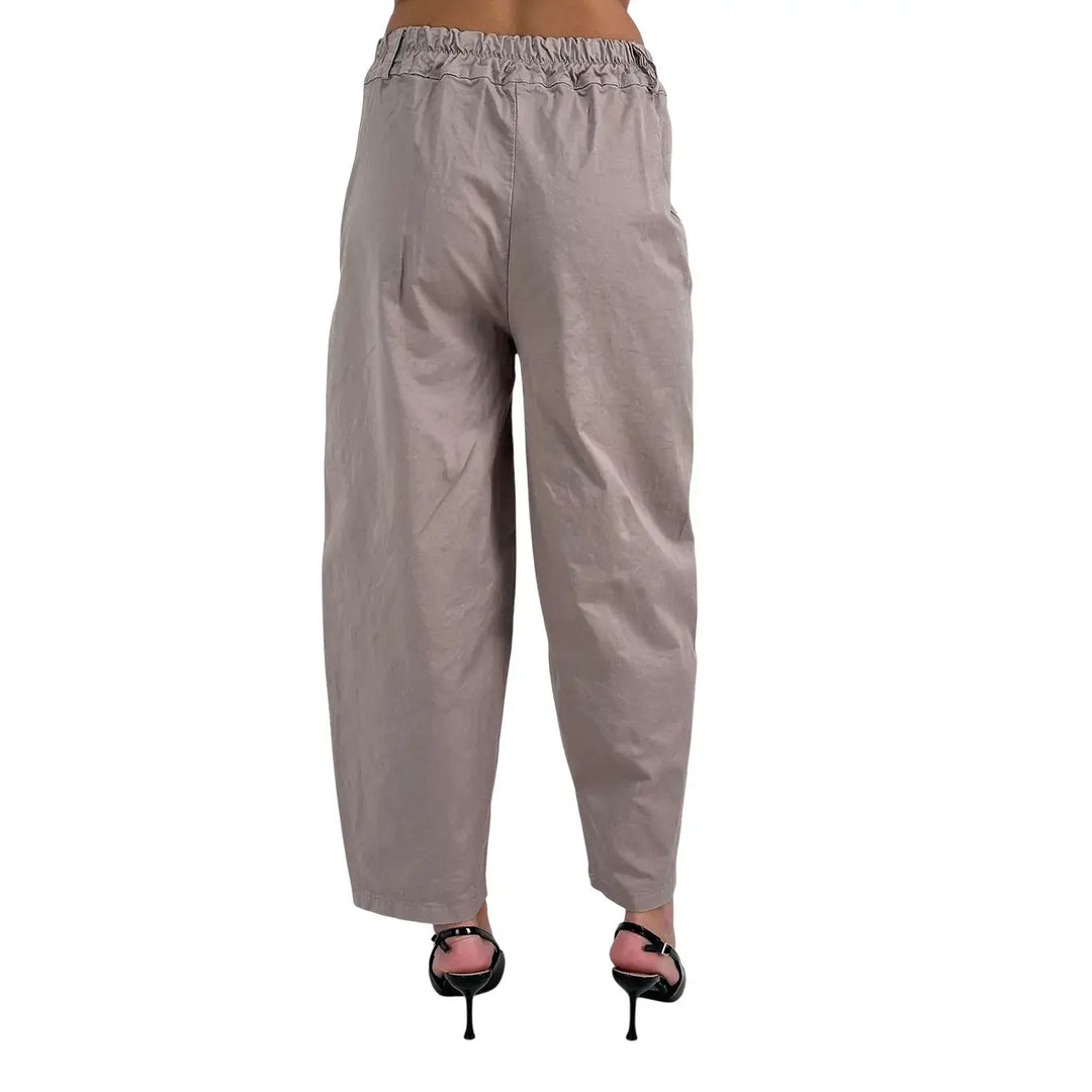Bassini Pantaloni Donna Kaki Modello Banana Oversize in Cotone Elasticizzato con Tasche Laterali