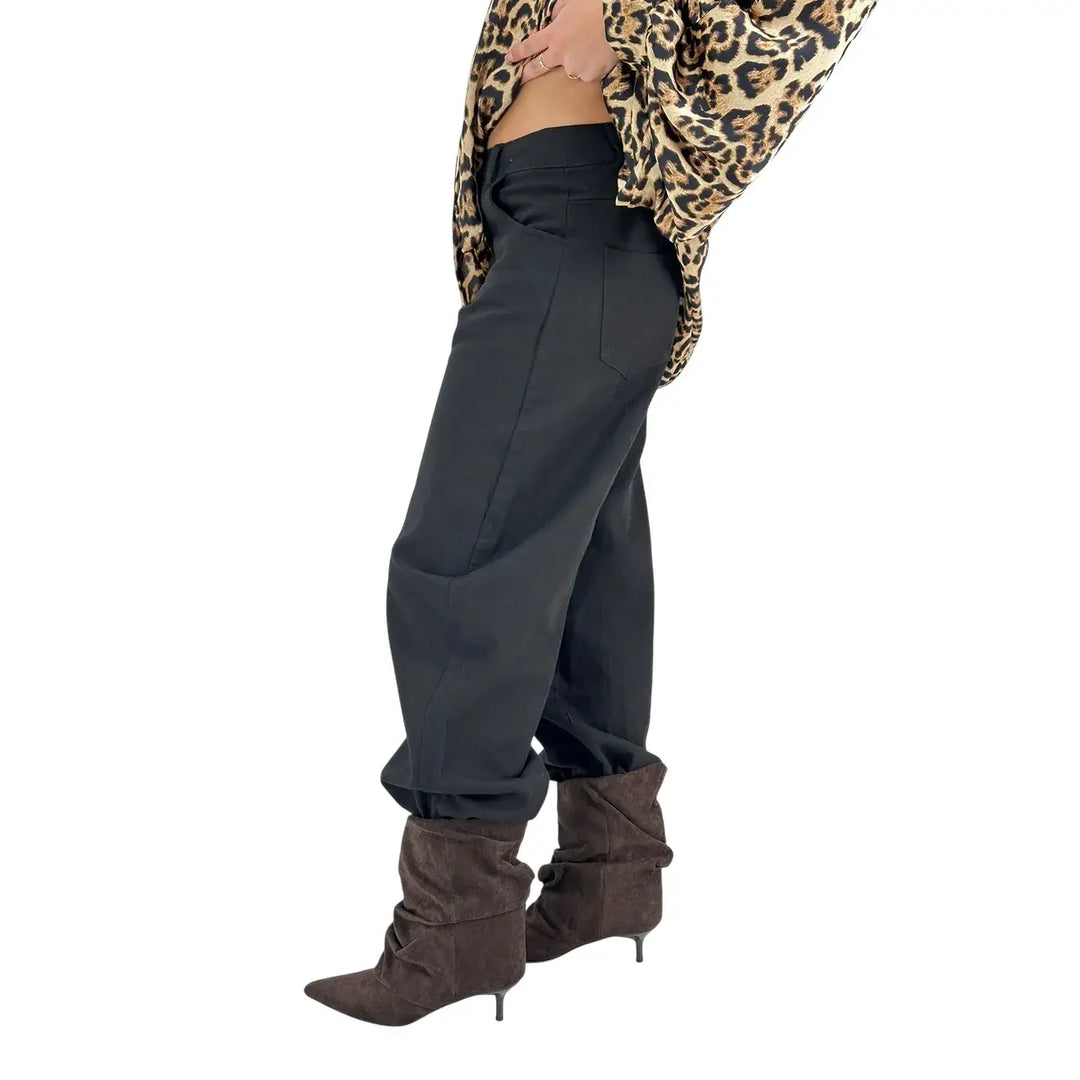 Bassini Pantaloni Donna Banana Nero in Bull di Cotone Oversize a Cinque Tasche