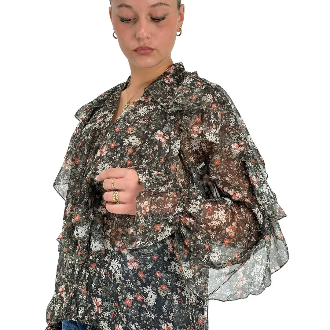 Bassini Camicia Donna Verde con Stampa Floreale, Scollo a V e Rouches su Maniche e Spalle