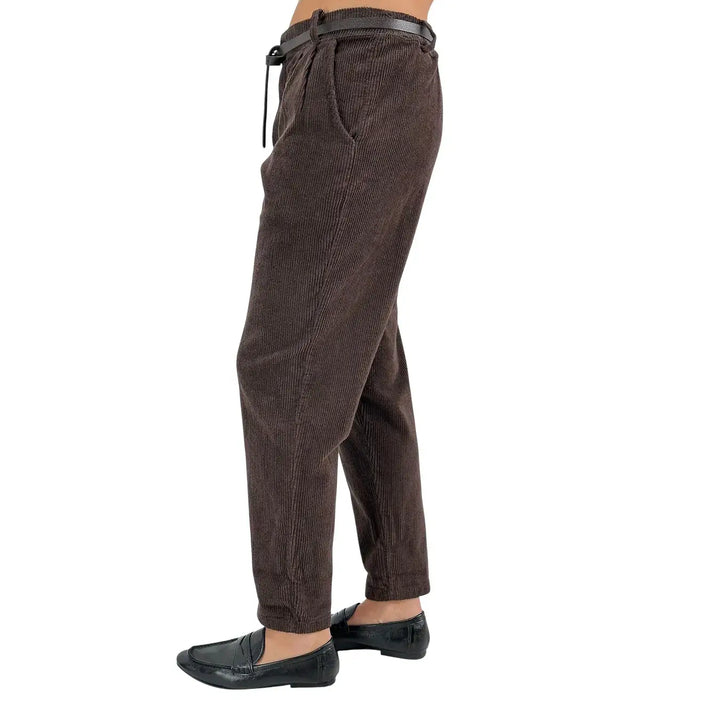 Bassini Pantaloni Donna Cioccolato in Velluto Balloon con Doppia Pince, Elastico in Vita e Cintura