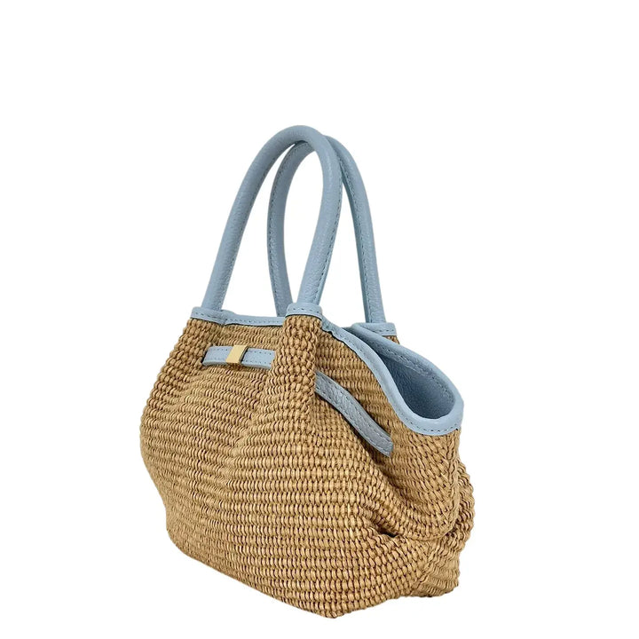 Bassini Borsa Donna in Raffia e Pelle Celeste con Due Manici e Tracolla Rimovibile