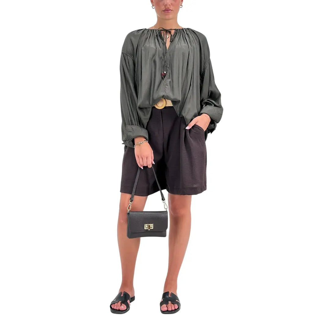 Bassini Blusa Donna Verde con Girocollo Arricciato Coulisse e Maniche Raglan