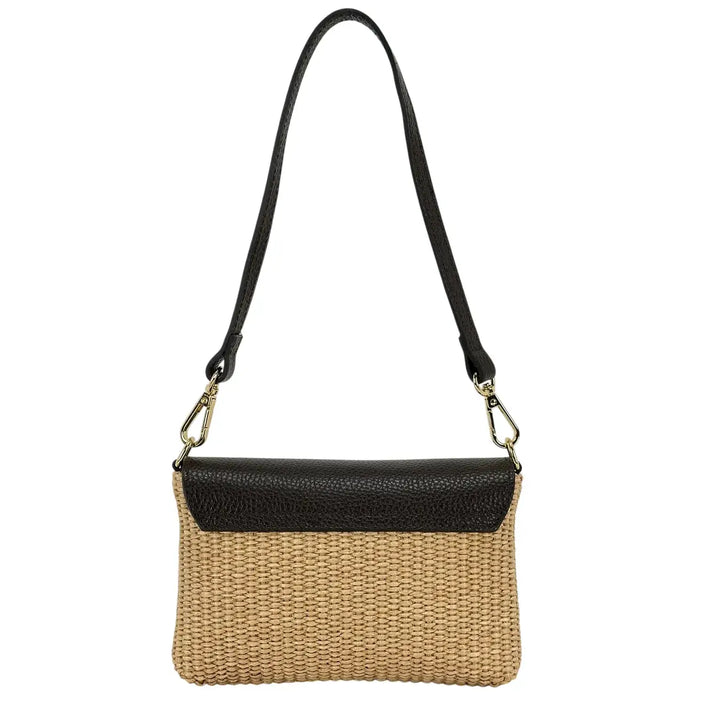 Bassini Borsa Donna Piccola in Raffia e Pelle Marrone con Tracolla Rimovibile e Girello Bambù