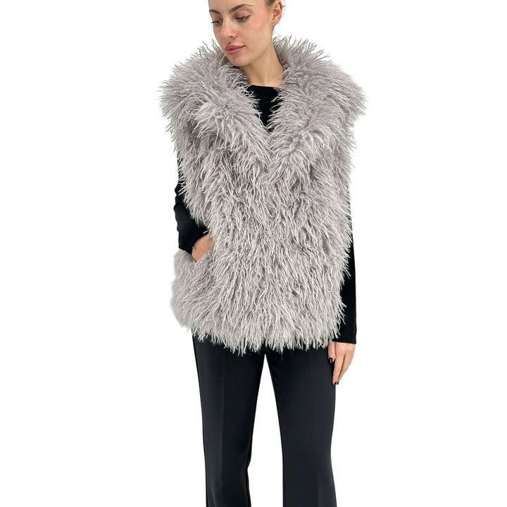 Kontatto Giacca Curly Faux Fur Donna, Smanicato, Revers, Grigio