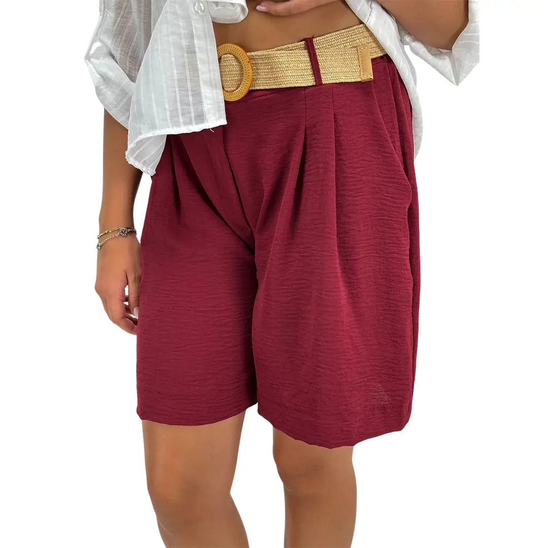 Bassini Bermuda Donna Borgogna in Lino e Cotone con Cintura in Rafia
