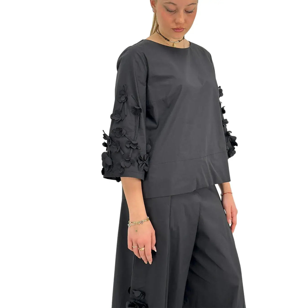 Meimeij, Blusa, Donna, Ricamo, Nero