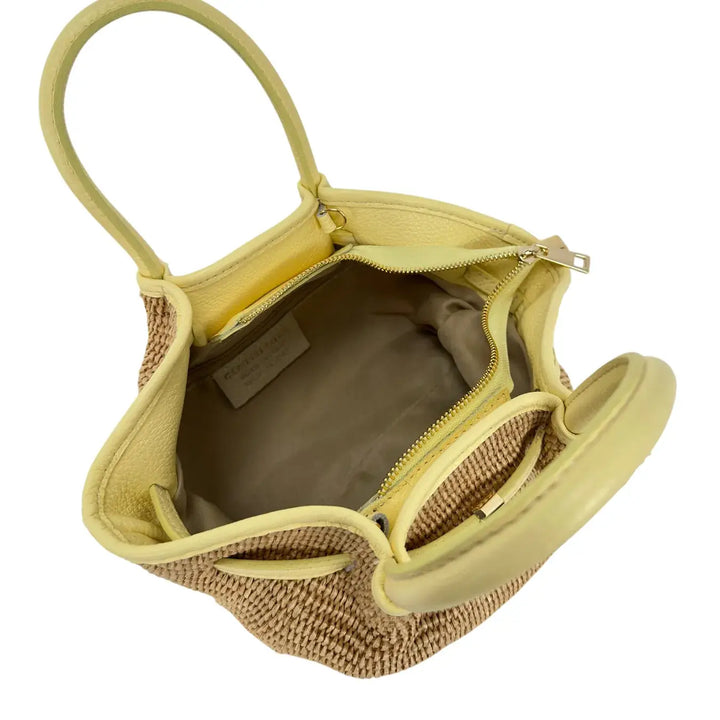 Bassini Borsa Donna in Raffia e Pelle Gialla con Due Manici e Tracolla Rimovibile
