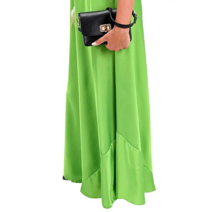 Bassini Abito Donna Verde Prato Sottoveste con Spallini e Collana Piuma Inclusa