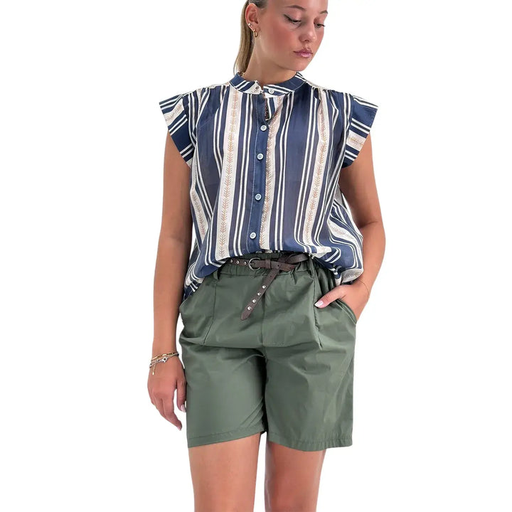 Bassini Blusa Donna Blu Beige Rigata Smanicata con Nodo Frontale e Scollo Coreano