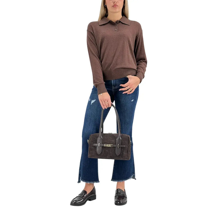 Bassini Maglia Donna Cioccolato Polo Crop Over a Tre Bottoni con Maniche Lunghe
