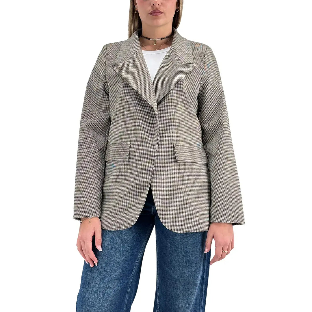 Bassini Giacca Donna Beige Pied de Poule con Chiusura Asimmetrica a Un Bottone e Tasche con Patta