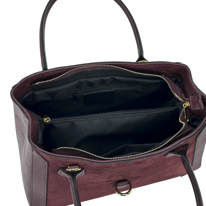 Bassini Borsa Donna in Pelle Scamosciata e Dollaro Burgundi con Doppi Manici e Tracolla Rimovibile