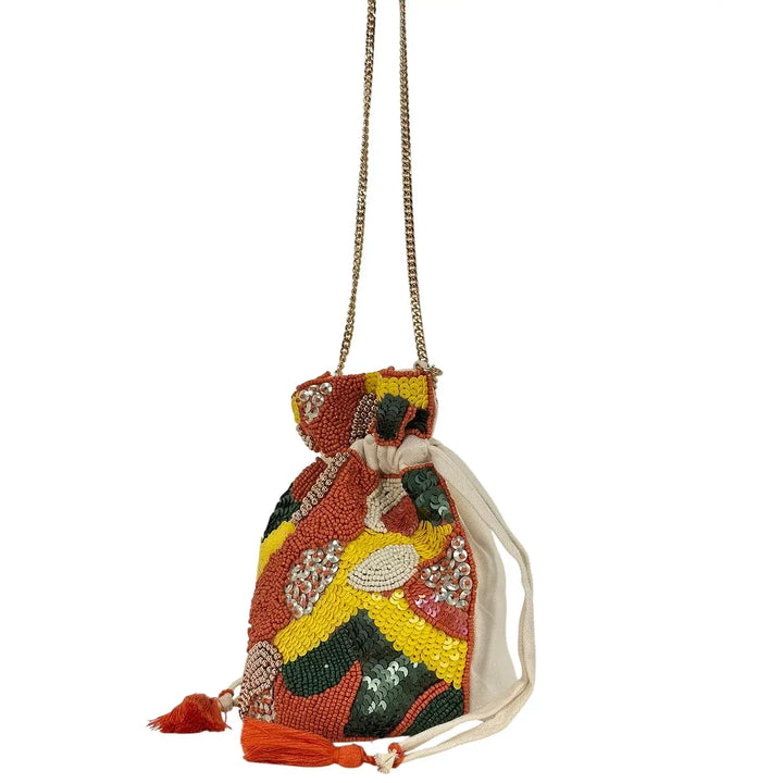 Bassini Borsa Donna Mini Secchiello in Cordura con Perline Corallo e Tracolla a Catena Oro