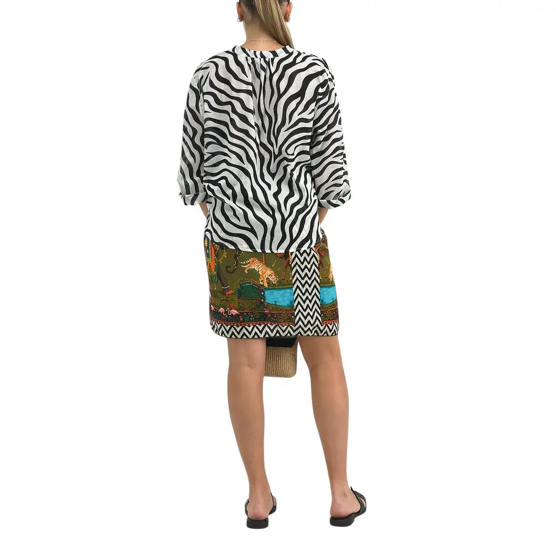 Motel Camicia Donna Zebra in Cotone con Collo Coreano, Nodo Frontale e Maniche Tre Quarti