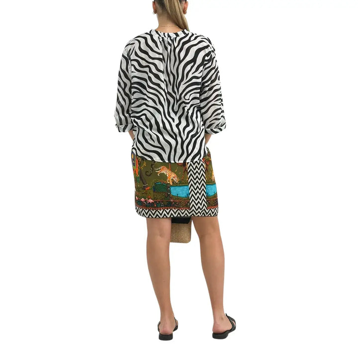 Motel Camicia Donna Zebra in Cotone con Collo Coreano, Nodo Frontale e Maniche Tre Quarti