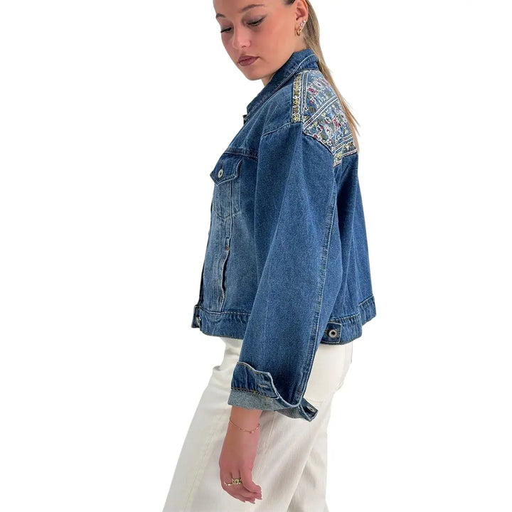 Bassini Giubbotto Donna Blu Medio Modello Trucker in Denim Elasticizzato con Ricami e Paillettes
