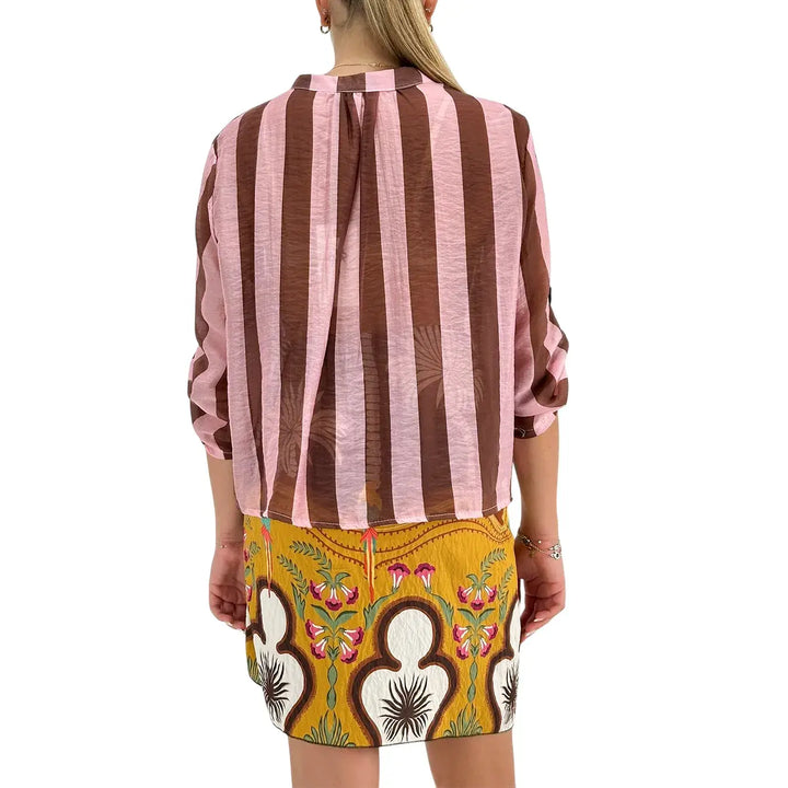 Bassini Camicia Donna Marrone e Rosa a Righe Larghe con Collo Coreano e Maniche Tre Quarti