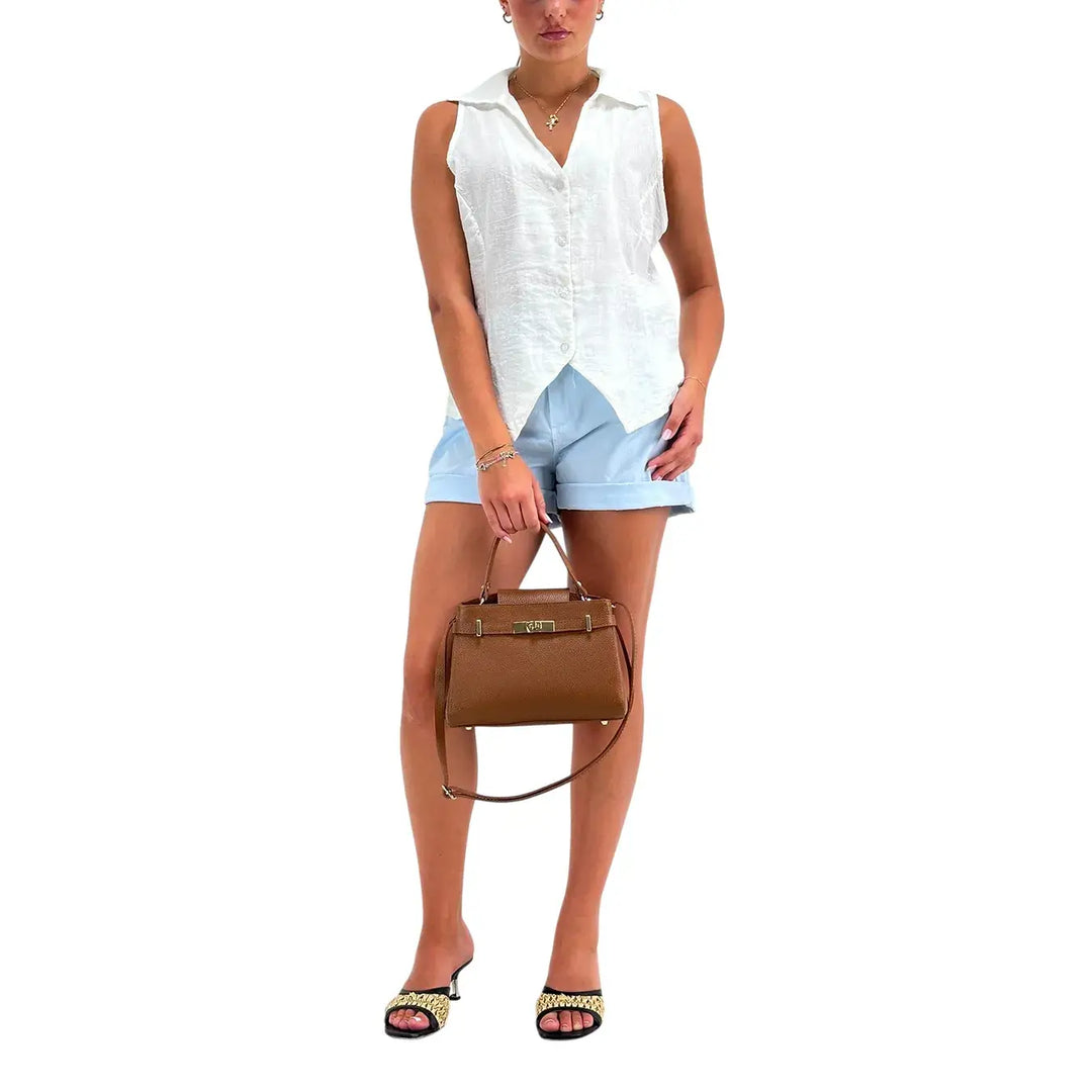 Bassini Camicia Donna Bianca in Mistolino Smanicata con Colletto
