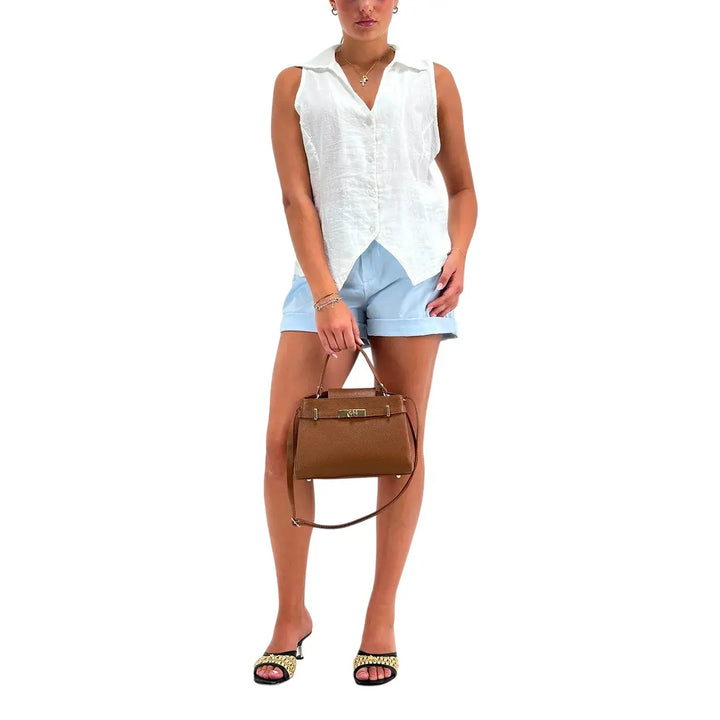 Bassini Camicia Donna Bianca in Mistolino Smanicata con Colletto