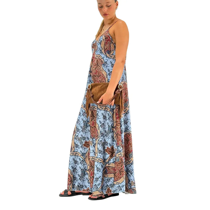 Bassini Women's Celestial Blue Long Slip Dress with Damask Print and Straps