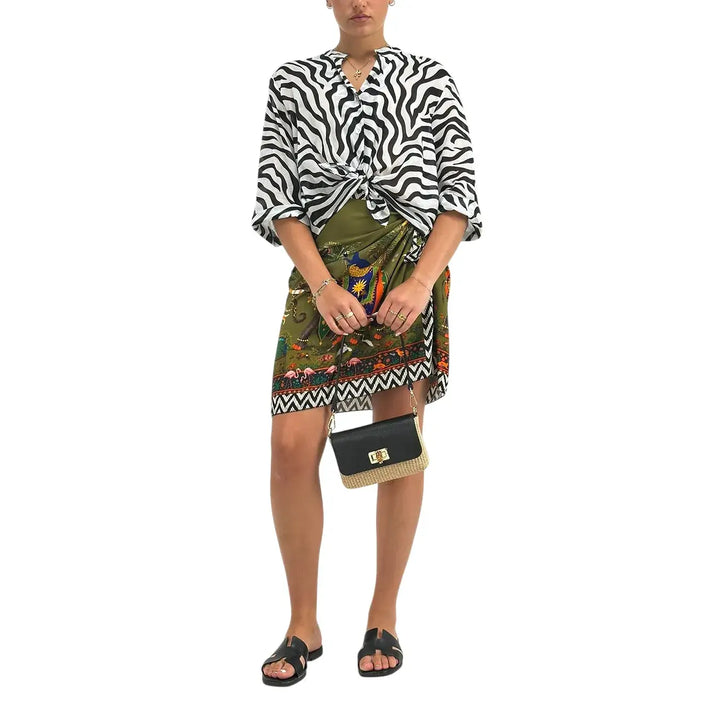 Motel Camicia Donna Zebra in Cotone con Collo Coreano, Nodo Frontale e Maniche Tre Quarti