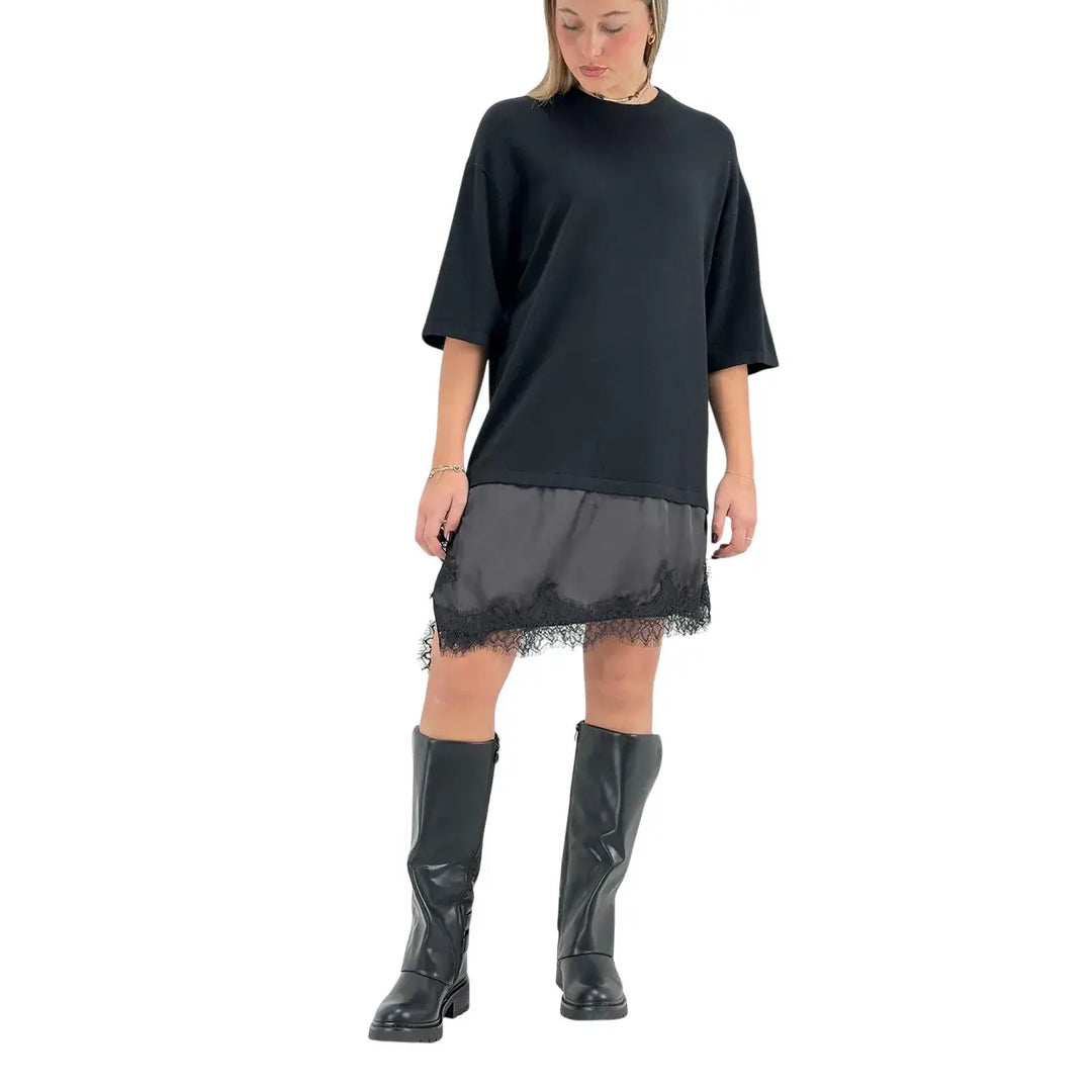 Bassini Abito Donna Nero in Maglia con Balza in Raso e Pizzo e Spacchi Laterali