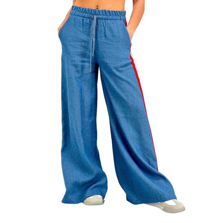 Motel Women's Trousers, Long, Side Stripe, Mixed Fabric, Denim