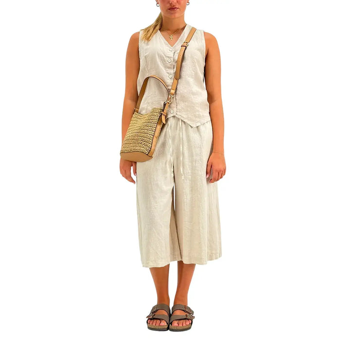 Bassini Camicia Donna Beige Smanicata in Lino e Cotone con Bottoni e Collo a V