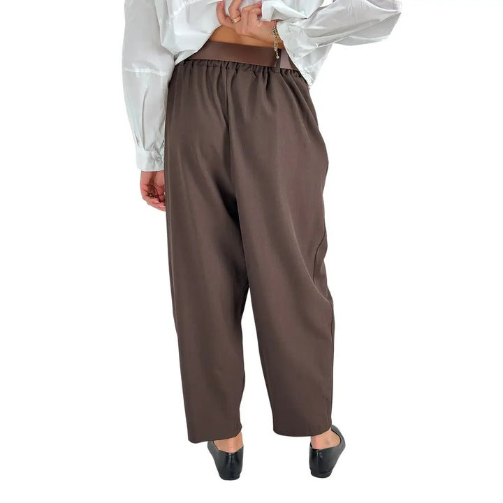 Bassini Pantaloni Donna Marroni a Portafoglio con Elastico in Vita e Cintura in Ecopelle