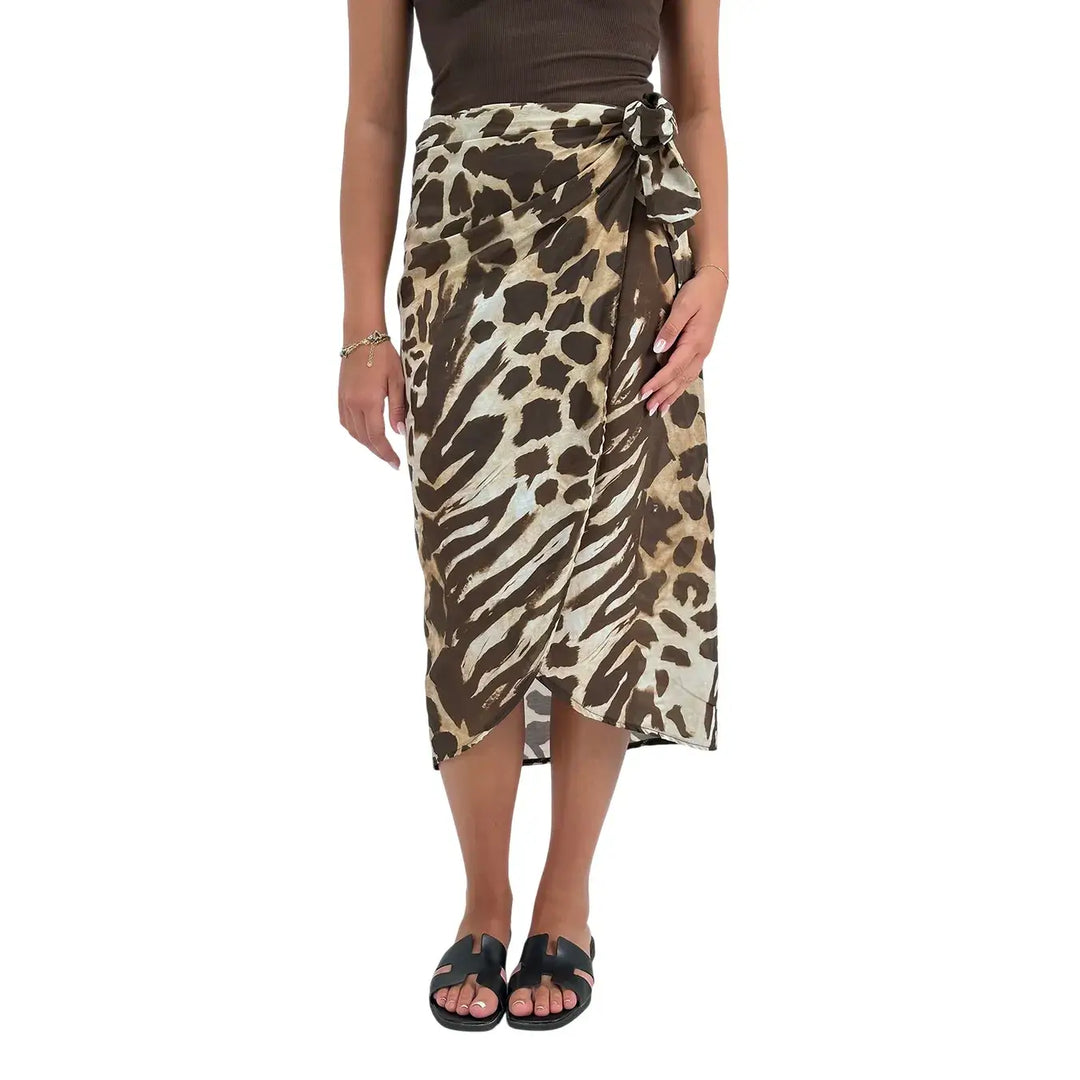 Bassini Gonna Donna Leopardata Marrone di Media Lunghezza con Nodo Laterale