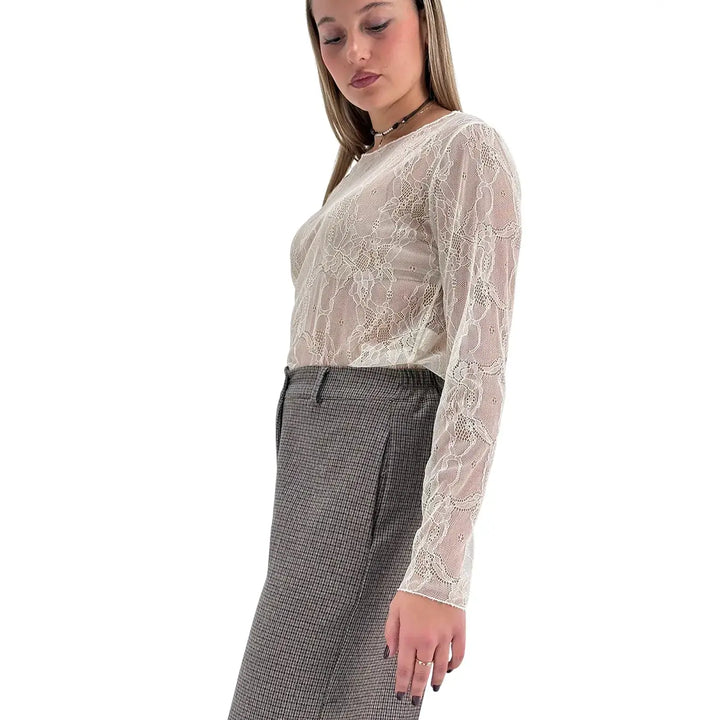 Bassini T-Shirt Donna Avorio in Pizzo con Girocollo e Maniche Lunghe