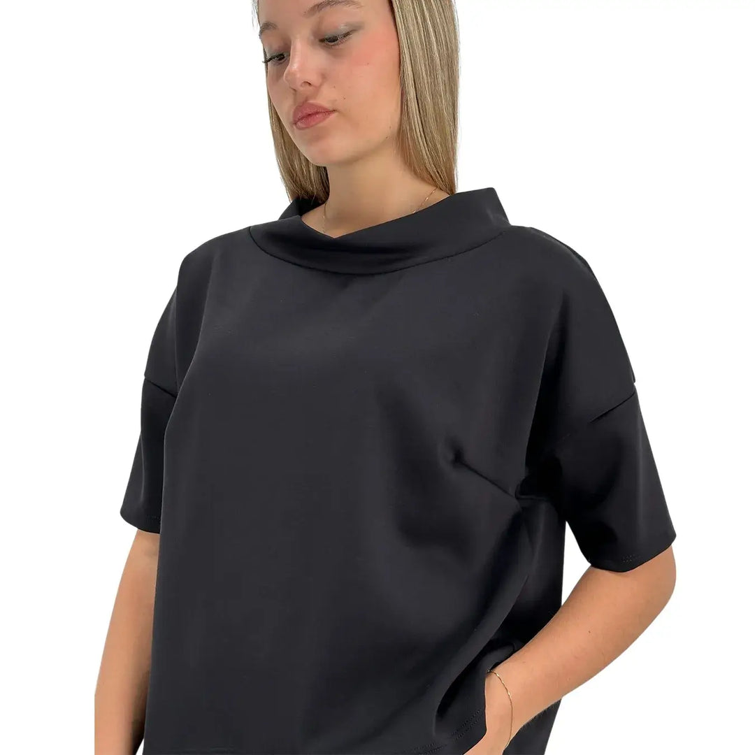 Bassini Felpa Donna Nera Oversize con Scollo a Barca e Maniche Corte Raglan