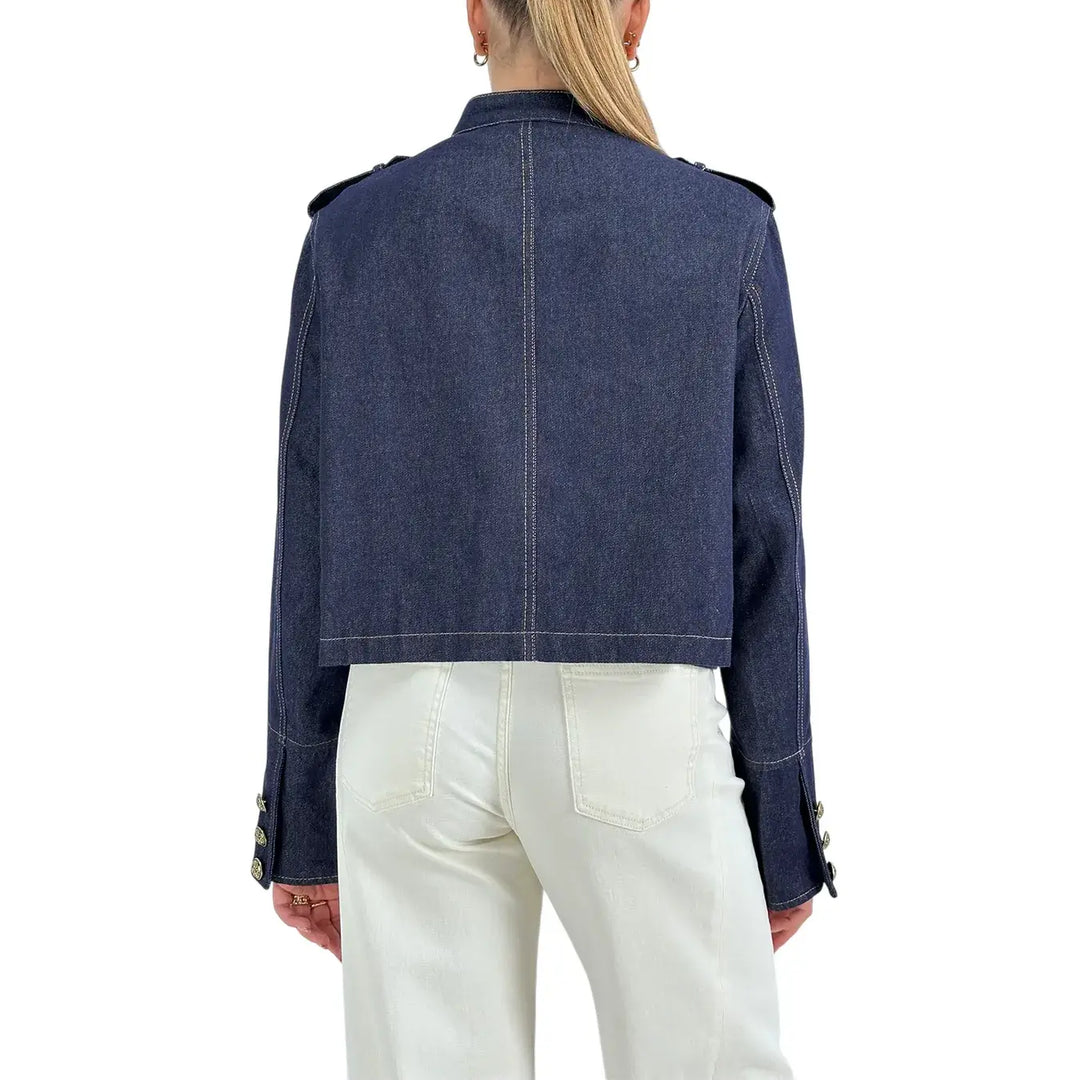 Bassini Giacca Donna Blu Denim Stile Militare Napoleone con Bottoni Color Oro Antico