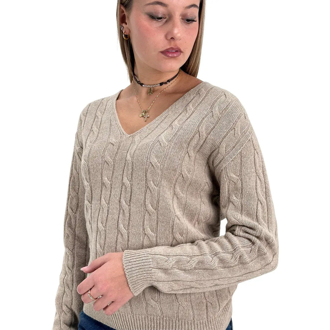Bassini Maglia Donna Cammello a Treccia con Scollo a V e Maniche Raglan Oversize