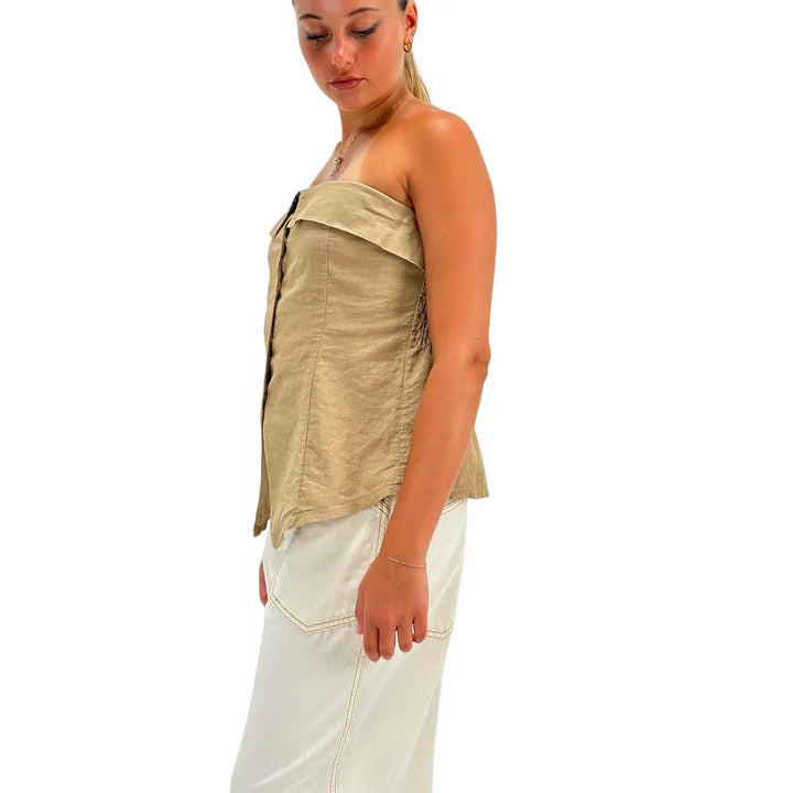 Bassini Top Donna Fango in Lino e Cotone con Scollo a Fascia Bottoni Frontali e Colletto Risvoltato