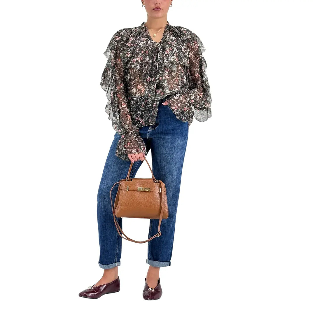 Bassini Camicia Donna Verde con Stampa Floreale, Scollo a V e Rouches su Maniche e Spalle