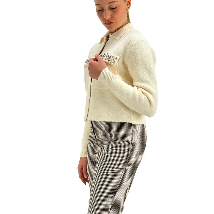 Koralline, Cardigan Polo, Donna, Tessuto Misto, Panna