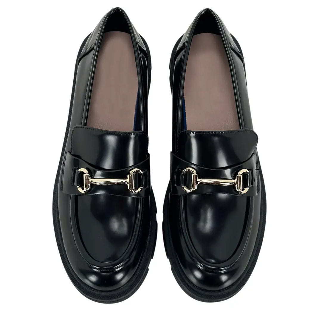 Bassini Mocassini Donna Neri in Ecopelle con Tacco 3,5 cm, Suola Antiscivolo e Accessorio Oro