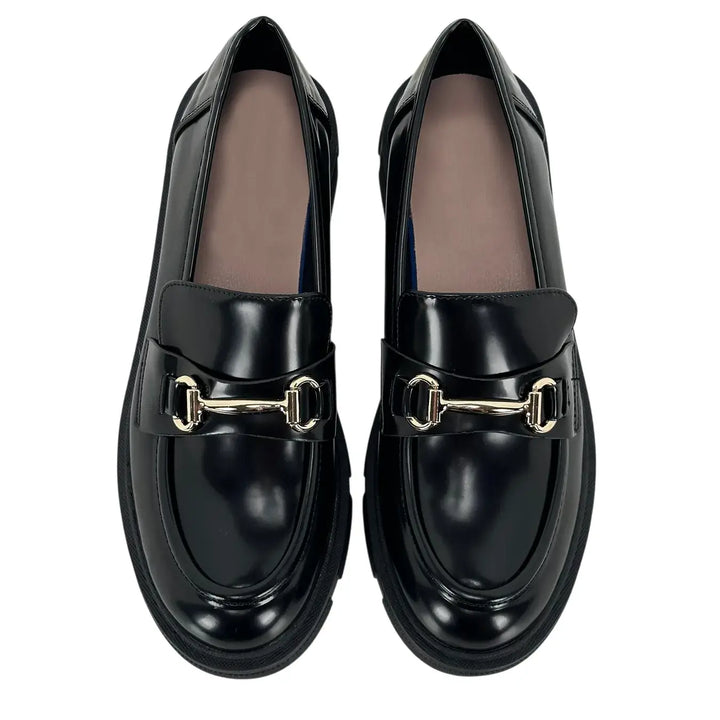 Bassini Mocassini Donna Neri in Ecopelle con Tacco 3,5 cm, Suola Antiscivolo e Accessorio Oro