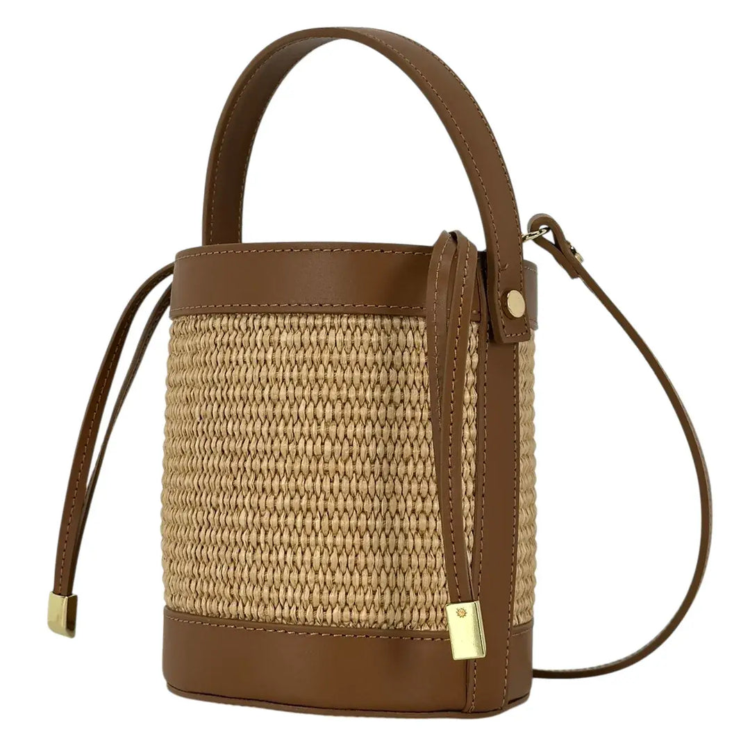 Bassini Borsa Donna Secchiello Piccola in Raffia e Pelle Cuoio con Maniglia e Tracolla