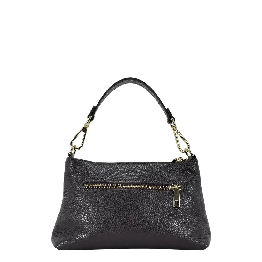Bassini Borsa Donna Piccola in Pelle Cioccolato con Doppia Tracolla e Accessorio Metallico
