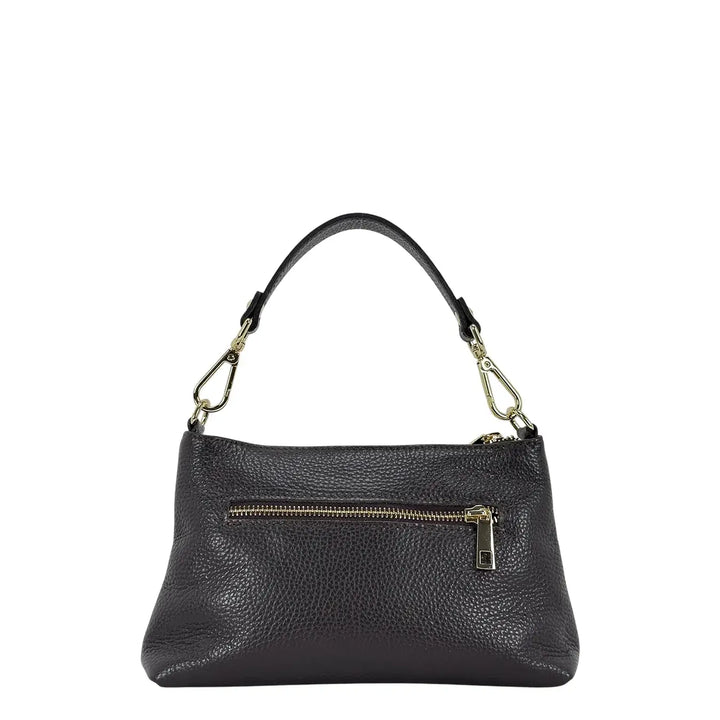 Bassini Borsa Donna Piccola in Pelle Cioccolato con Doppia Tracolla e Accessorio Metallico
