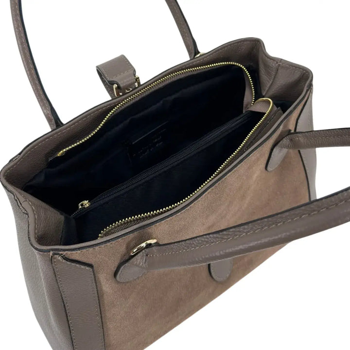Bassini Borsa Donna in Pelle Scamosciata e Dollaro Taupe con Doppi Manici e Tracolla Rimovibile