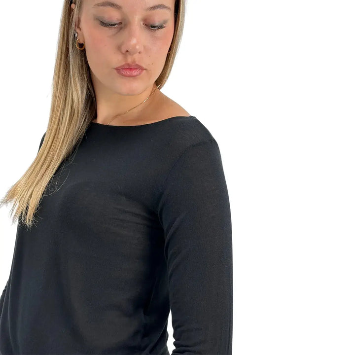 Bassini Maglia Cashmerina Donna Nera Ultralight con Scollo a Barca e Maniche Lunghe