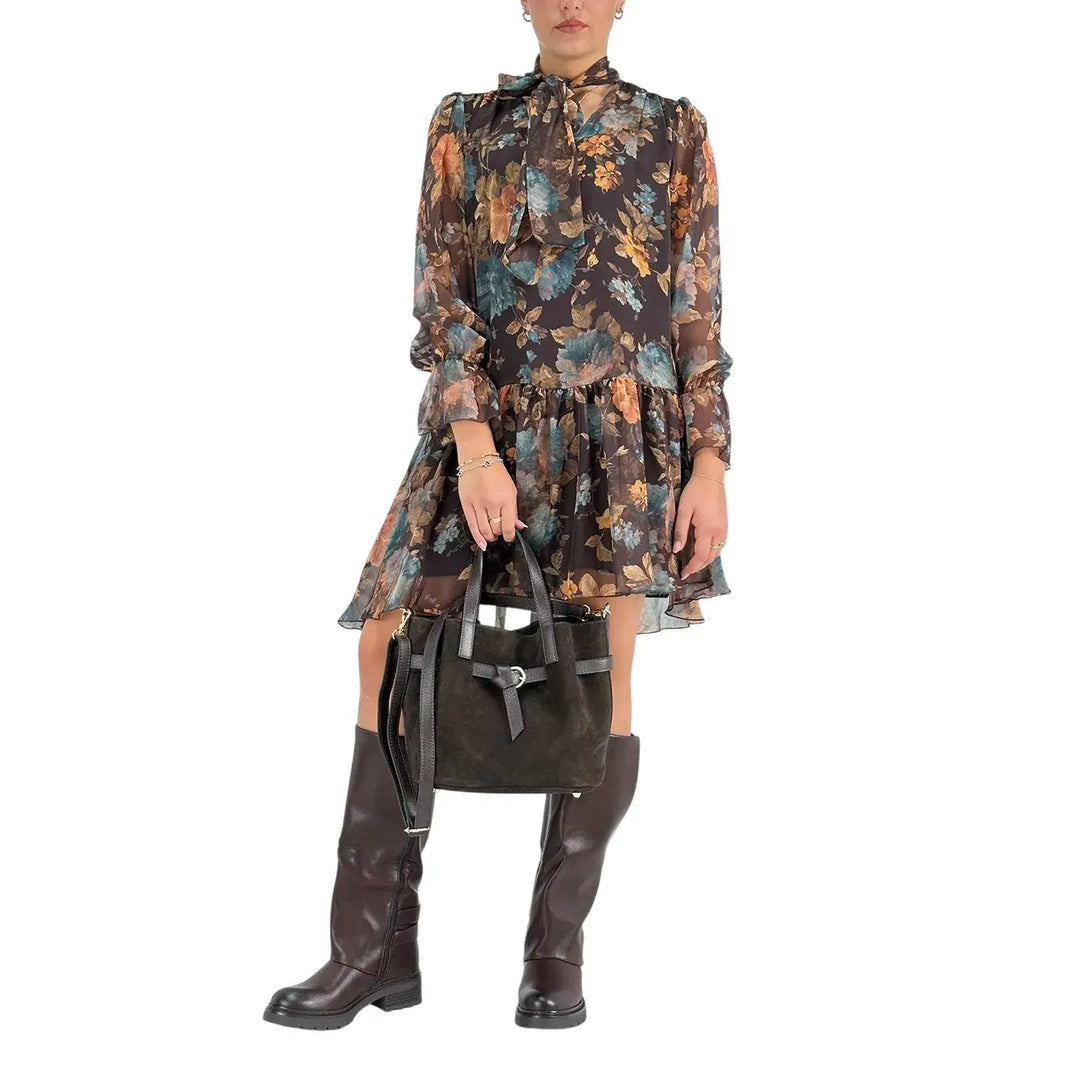 Bassini Abito Donna Corto Nero con Fantasia Floreale, Collo con Fiocco e Maniche Lunghe