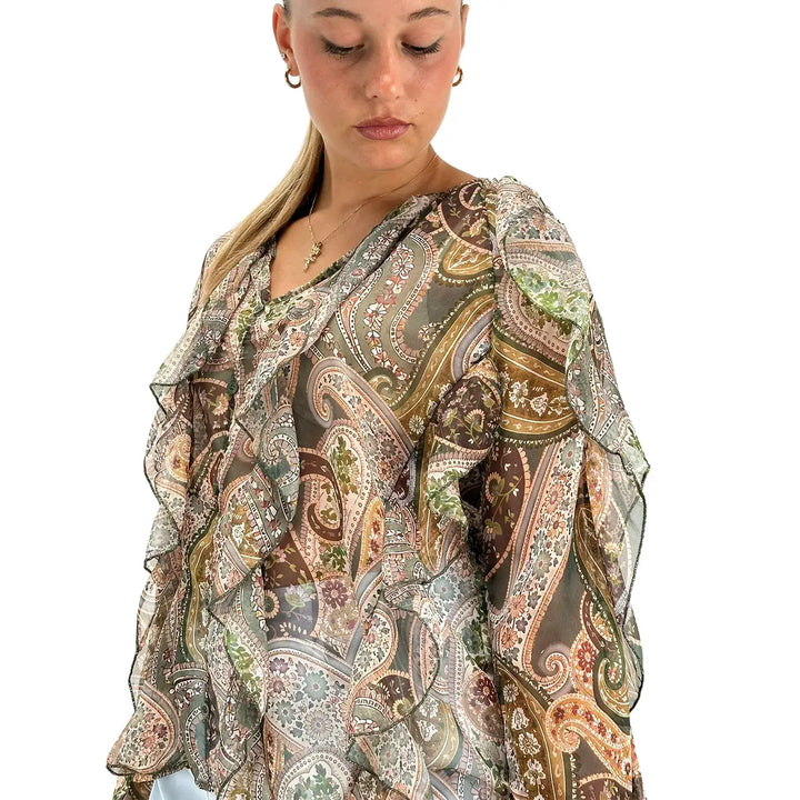 Bassini Blusa Donna Verde con Fantasia Damascata, Ruches e Bottoncini Frontali